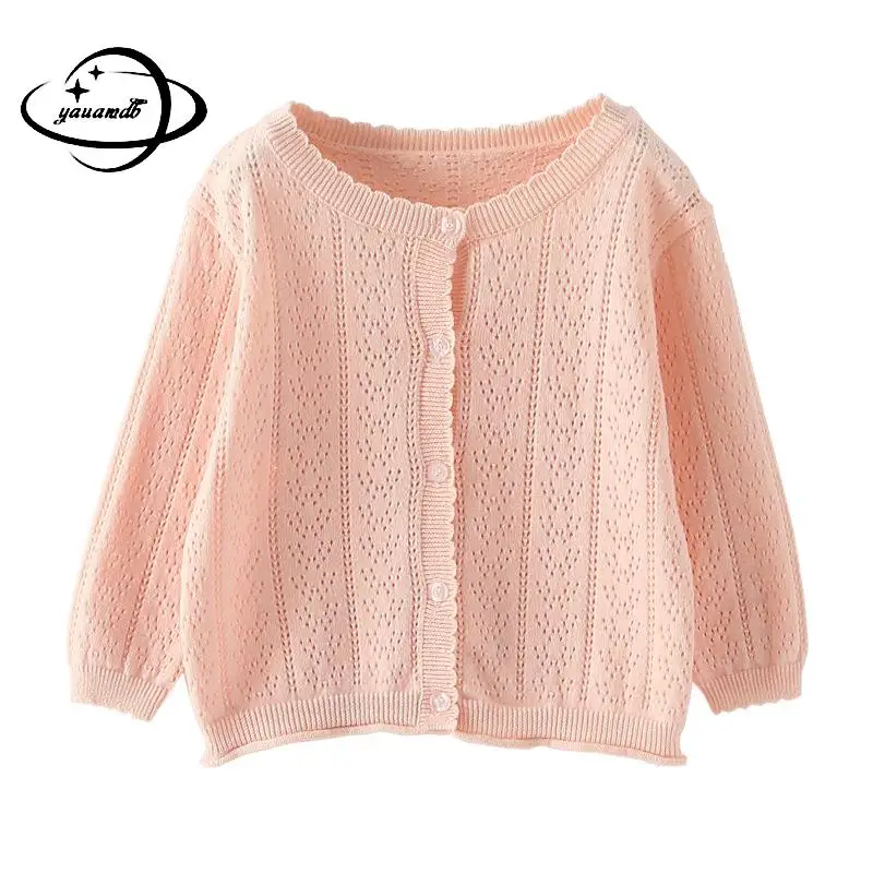 3-11y Kids Sweaters Spring Summer Girl Single Breasted Hollow Out Long Sleeve Solid Color Children Top Knitwear Clothes Hy27