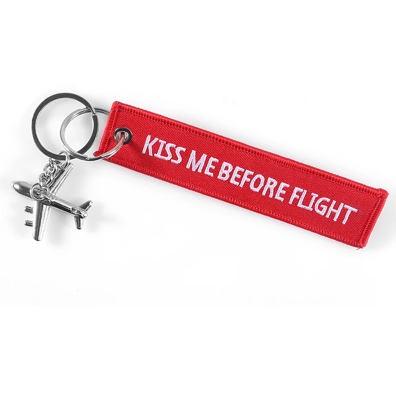 Red Kiss Me Before Flight Key Chain Label Embroidery Keychain with Metal Plane Key Chain For Aviation Gifts Car Keychains