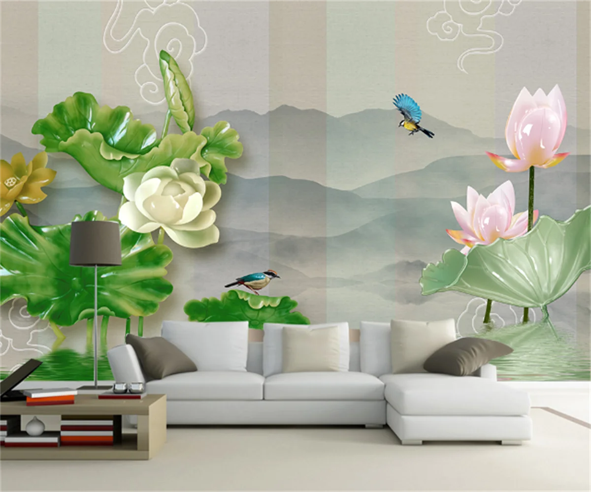 

New Chinese style three-dimensional imitation jade carving ink lotus TV background wallpaper home decoration custom photo mural