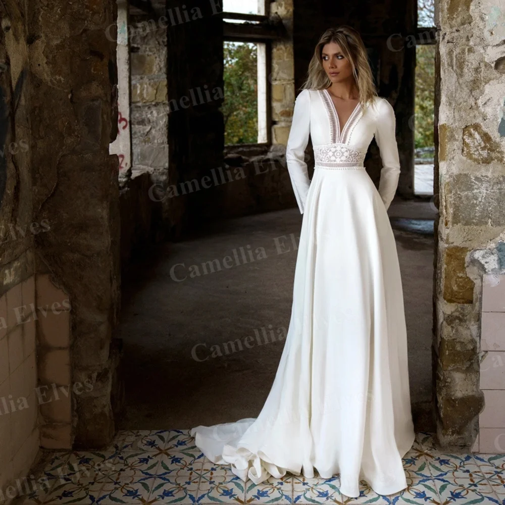 Abiti da sposa in pizzo semplice della boemia per le donne una linea abito da sposa in Chiffon maniche lunghe abito da sposa Sexy con scollo A V Vestidos De Novia