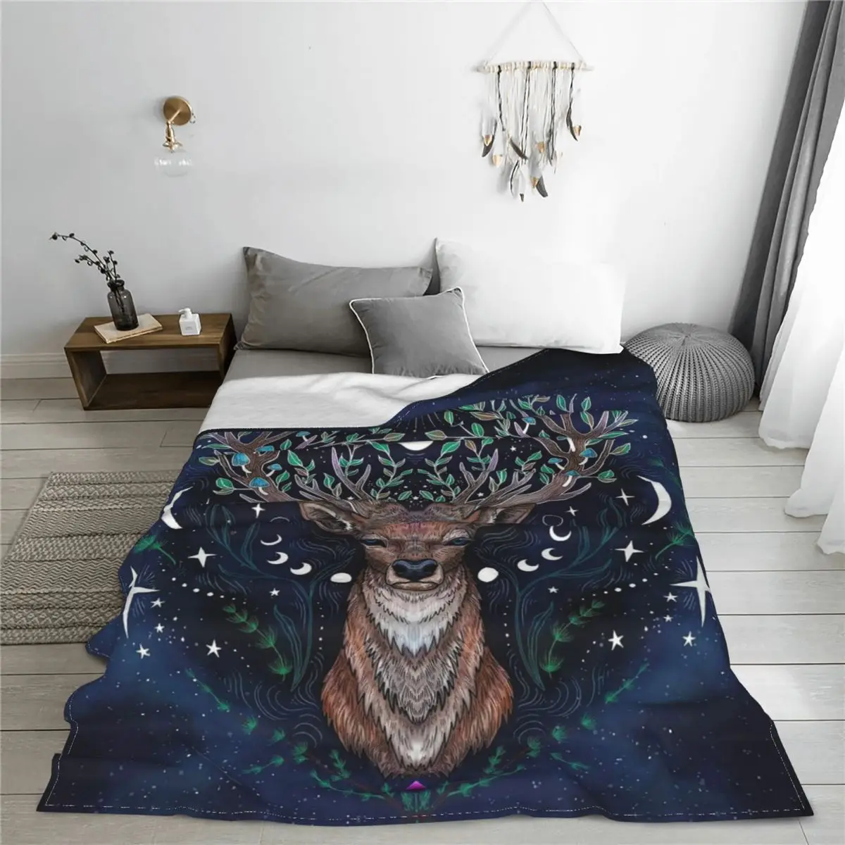 Mysterious Deer Moon Starry Sky Blanket Plush Novelty Soft Throw Blanket for Bedding Lounge Autumn/Winter