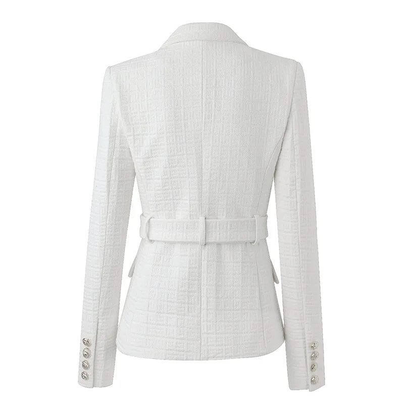 HarleyFashion New Designs Women White Texture Blazer with Belt Chic Popular Quality Femmale Bodycon Coat