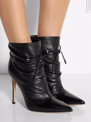 

New Fashion Women Pleated Leather Ankle Boots Stiletto High Heels Pointed Toe Black party Shoes Gorgeous Botas Big size 44 45 47