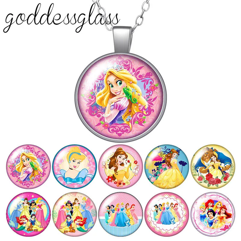 Disney Princesses Belle Snow white Girls Round Glass glass cabochon silver plated/Crystal pendant necklace jewelry for Gift