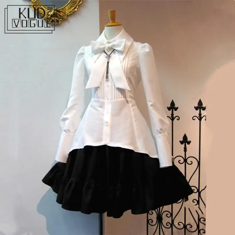 Victorian Gothic Women Cosplay Set Medieval Shirt Dress Pleated Skirt 2pcs Suit Black White Plus Size Lolita Bow Collar Vintage