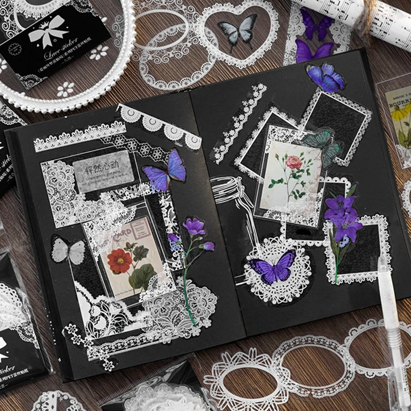 مجموعة ملصقات الدانتيل الجمالية العتيقة لسكرابوكينغ المجلات ديكور المنزل DIY مستطيل وإطار القلب ديكور الصور #5