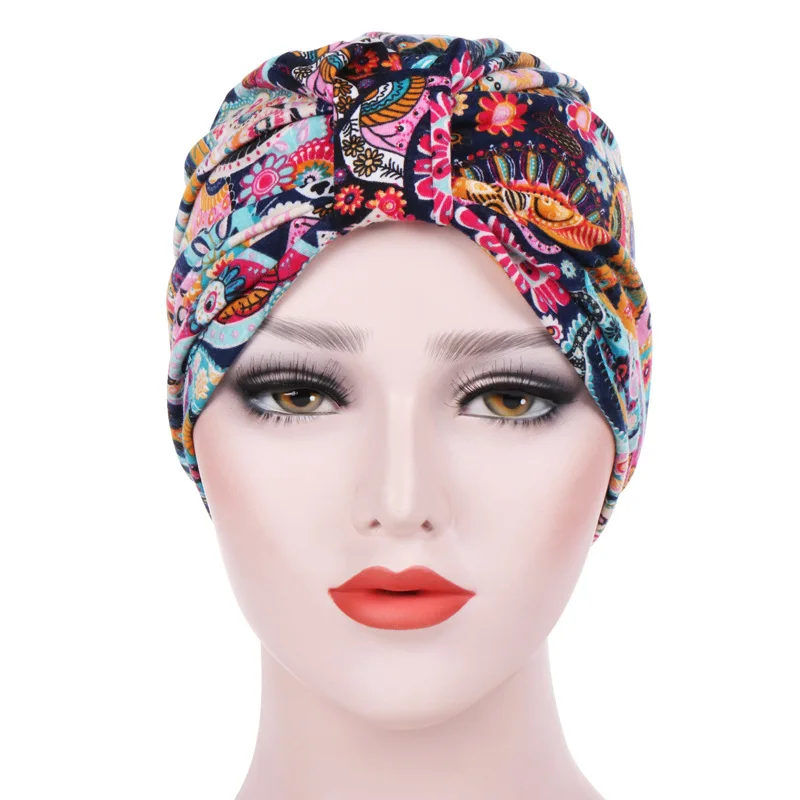 New Muslim Elastic Women Print Flower Knot Cotton Ruffle Turban Hat Chemo Beanie Cap Head Wrap Hairband Cancer Hair Accessories