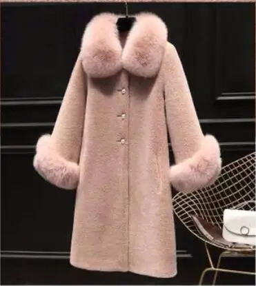 

Autumn Luxury fake Fox Fur Collar Women Jacket Real Wool Fur Coats Long Warm Sheep Shearling Winter Coat Jacket