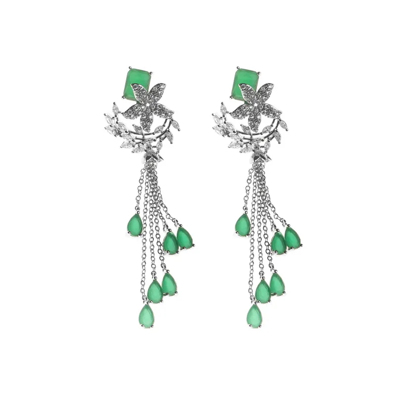 Fashion Long CZ Green Tassel Drop Earring for Women Wedding Gift