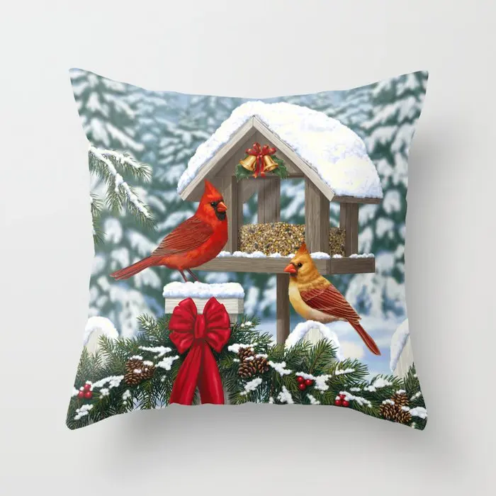 Red Cardinals and Christmas Bird Feeder Decorative Pillow Cushion Covers Square Pillowcase for Sofa Polyester Pillow Cover