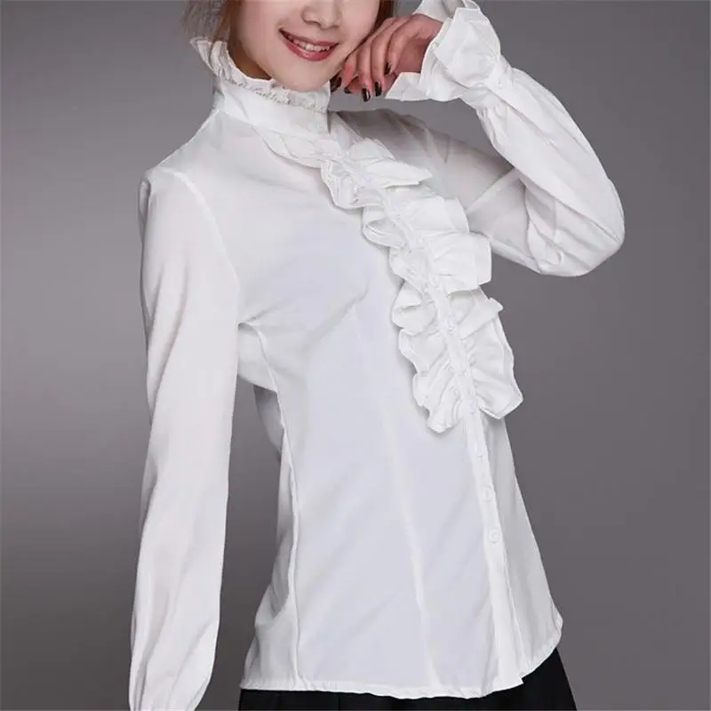 Mode victorienne femmes OL bureau dames chemise blanche col haut froufrous à volants poignets chemises femme Blouse poignets Blouse automne