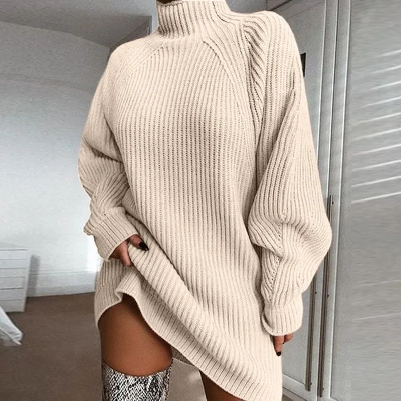 Turtleneck Oversized Knitted Long Sleeve Sweater Dress Women\'s Autumn Winter Casual Elegant Mini Dress Pink Gray Black Apricot