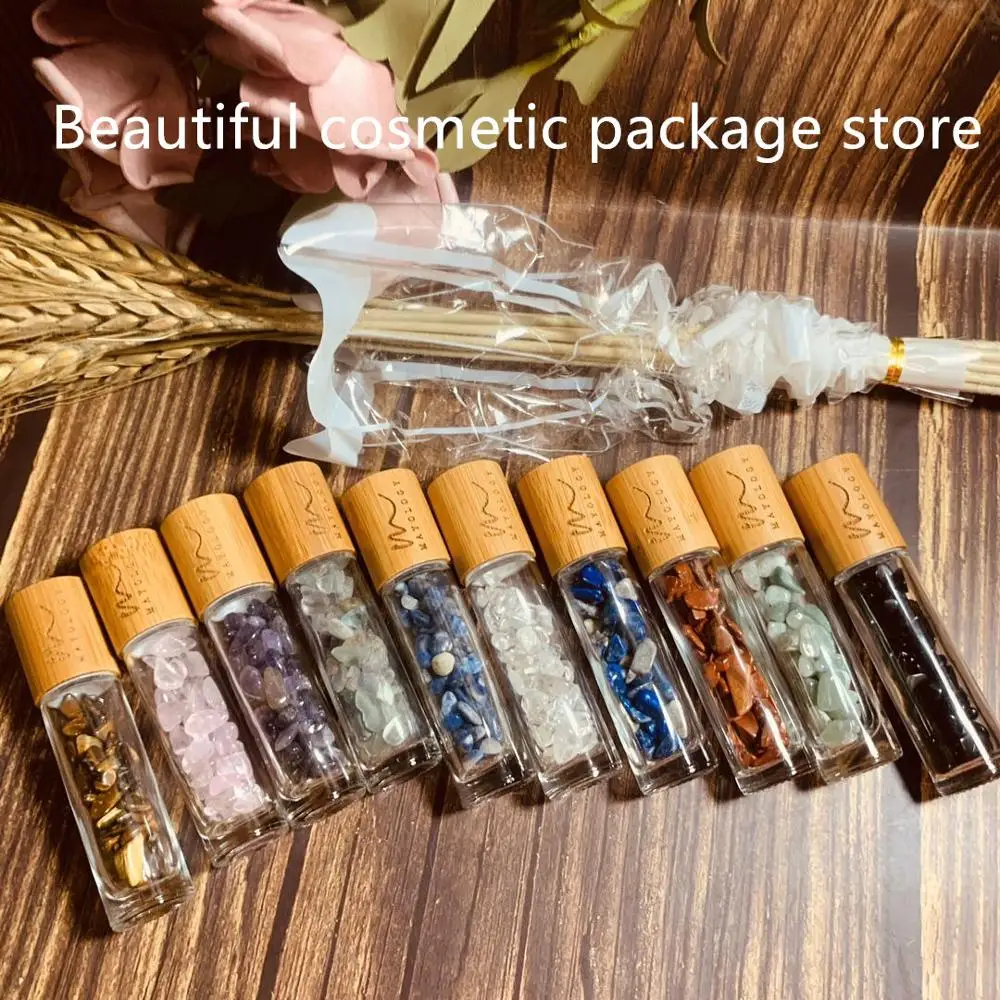 

Customized logo 10ml Glass Crystal Stone Essential Oils Massage Roller Bottles gemstone Roll On Perfume bottles with bamboo caps