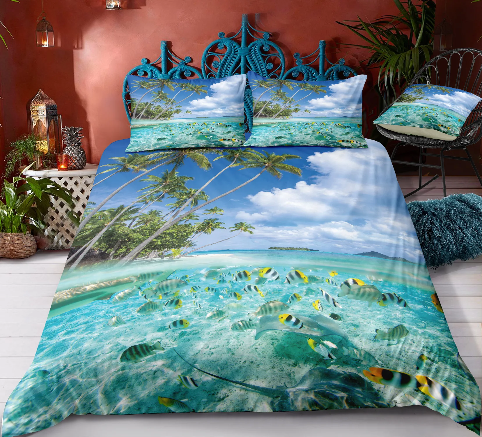 

3D Landscape Bedding Set Printed Scenic Beach Coconut Tree Duvet Cover with Pillowcases for Home Bedroom Twin Queen King Size