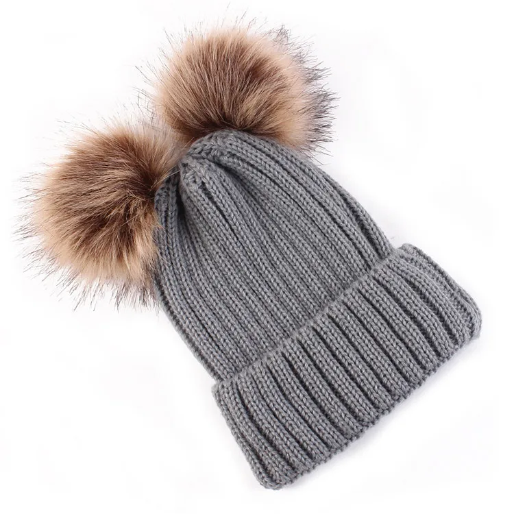 Women Winter Knitted hat Parent-child Baby Girl Cute Thick warm 2 Pom pom Beanies Cap Striped Skullies