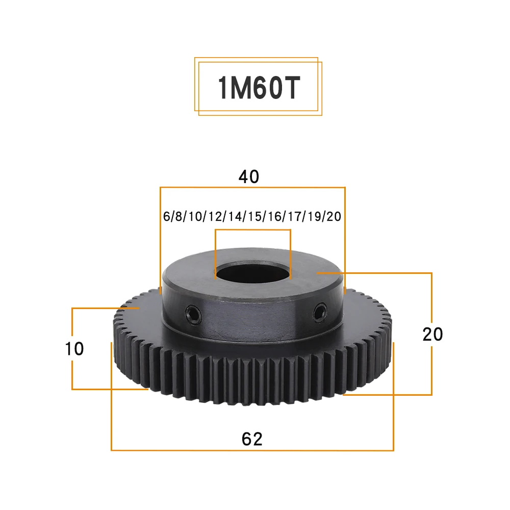 Motor Gear 1M-60Teeth SC45#Carbon Steel High Frequency Quenching  Teeth Gear Wheel Bore Size 6/8/10/12/14/15/16/17/19/20 mm