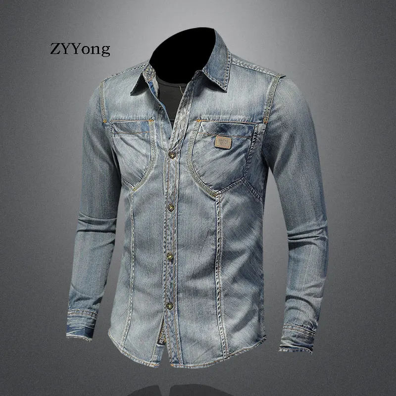 ZYYong New Fashion Lapel Long Sleeve Men's Denim Shirt Retro Slim Blue Motorcycle Style Streetwear Leisure Thin Coat