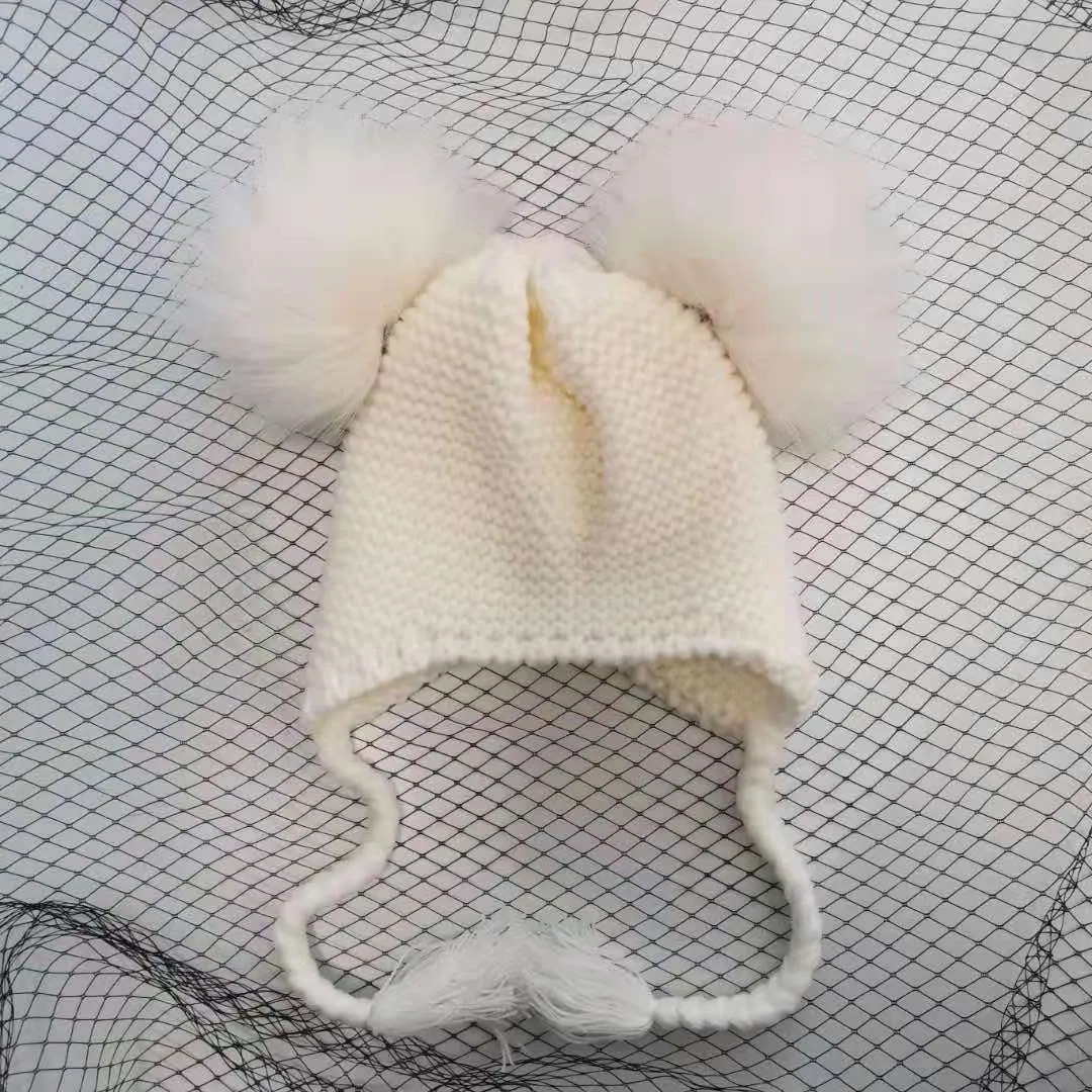 6 months-3 years Baby Winter Earmuffs Earflap Hat Knitted Pompom Plush Cotton Baby Warm Hat Cute Girls Boys Winter Hat