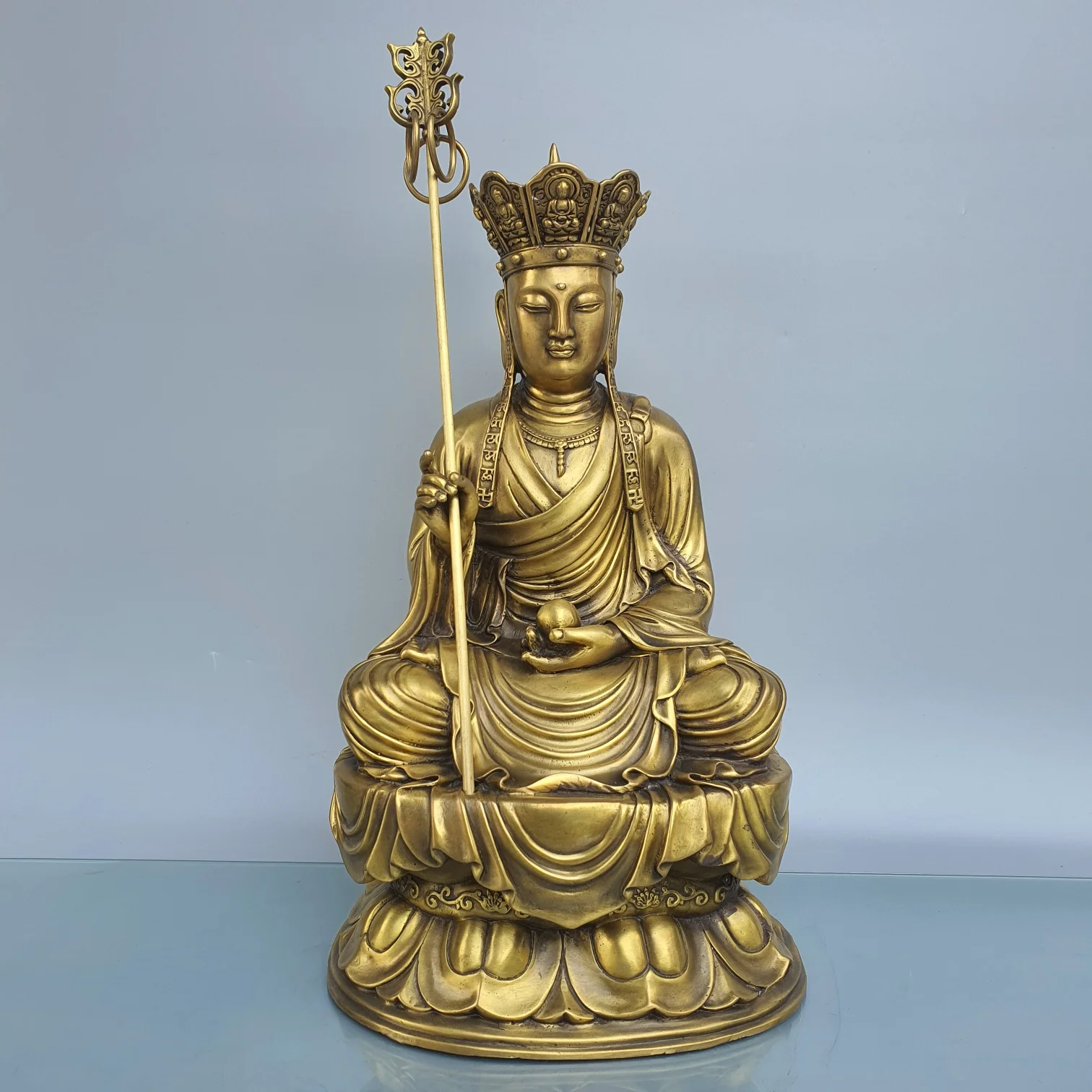 

16"Tibetan Temple Collection Old Bronze Ksitigarbha Sitting Buddha Amitabha Lotus platform Worship Hall Town house Exorcism