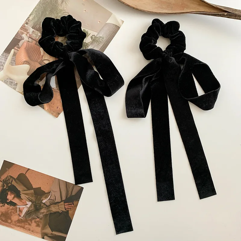 Fashion Vintage Black Velvet Bow Hair Ribbon Scrunchie for Women Girls Long Elastic Hair Tie Headwear Female Hair Accessories