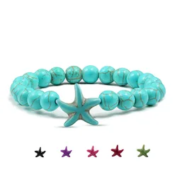 Fashion Starfish Blue Green Turquoises Beaded Bangles Bracelets Beach Charm Jewelry Sea Star Natural Stone Bracelet Couple Gifts