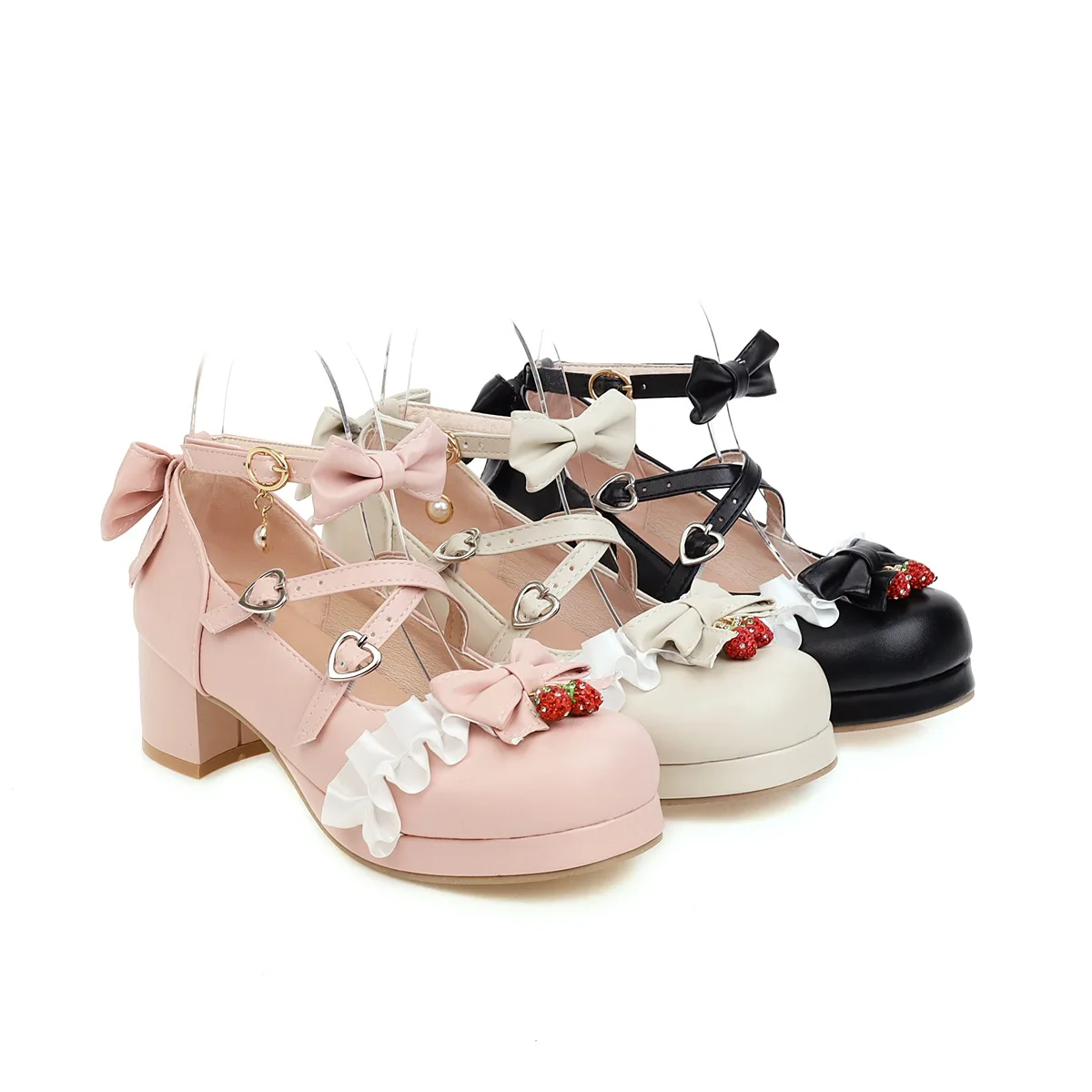 Japanese Lolita Mary Janes Shoes Princess Pink Ankle Strap Bowtie Strawberry Ruffles Wedding Cosplay Uniform Pumps Plus Size 48