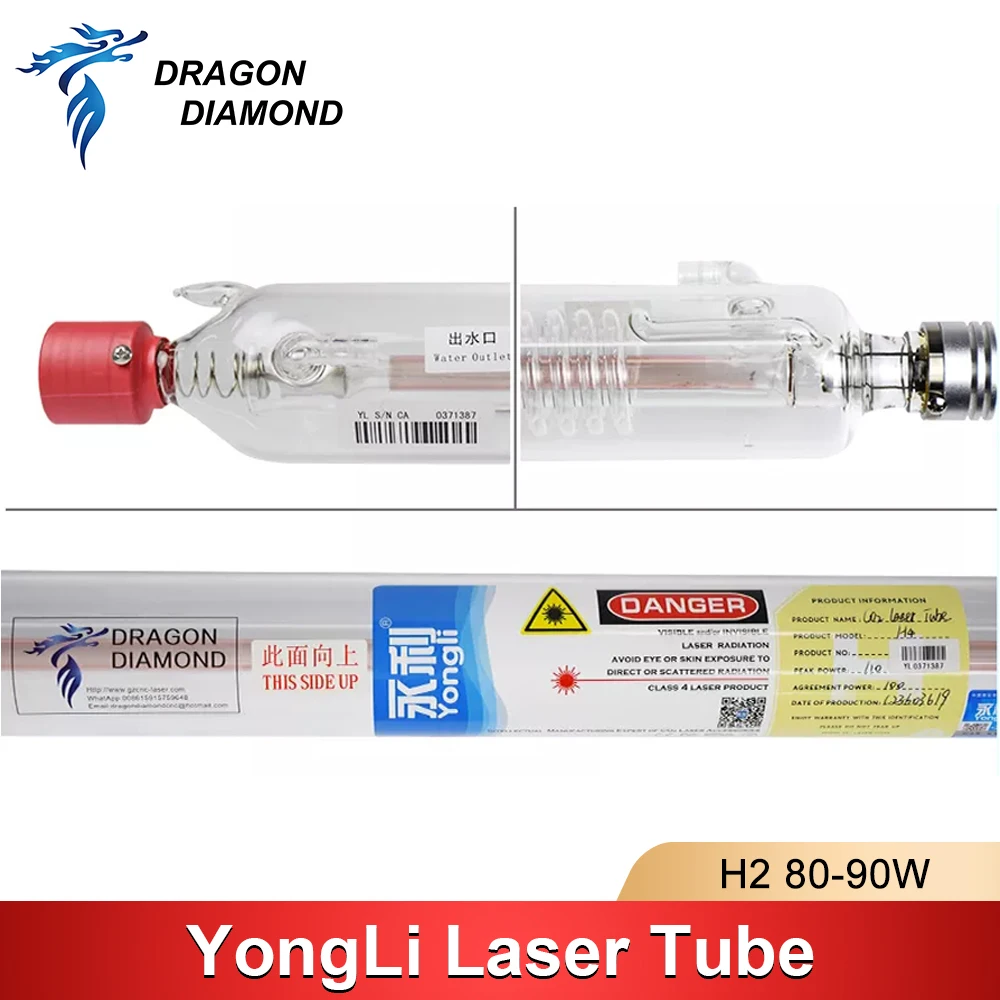 DRAGON DIAMOND Yongli H2 80-90W CO2 Laser Tube Glass Pipe Metal Head Length 1250mm For CO2 Laser Engraving Cutting Machine