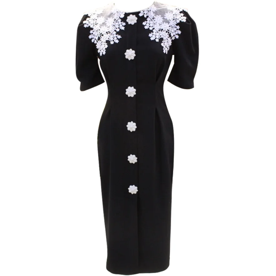 

2022 summer French black vintage puff sleeve dress women lace sttching collar elagant pencil dress