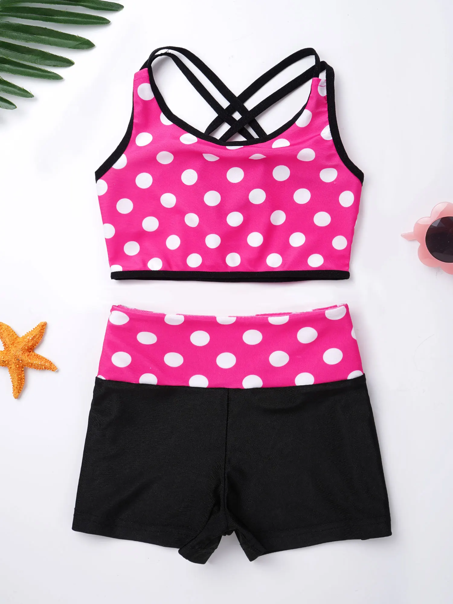 Tankini Anak-anak Tank Top Musim Panas dengan Bawahan Baju Renang Pink Polka Dot Bikini Atasan Celana Pendek 2 Potong Pakaian Renang Pakaian Pantai untuk Anak Perempuan