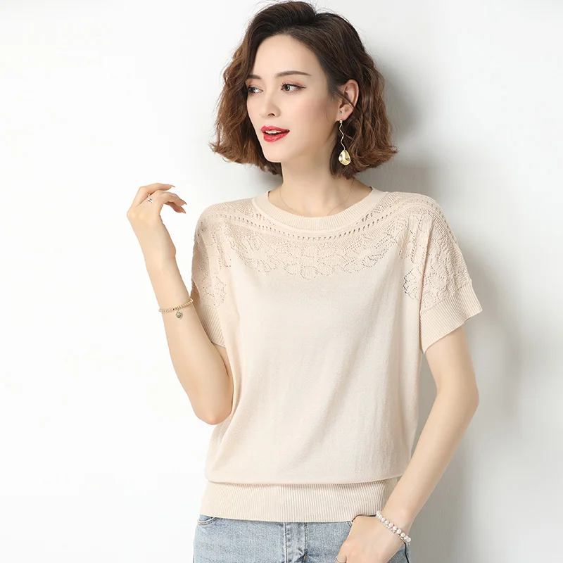 Lace Flowers Hollow Out Summer Short Sleeve Pullover Women Cotton Eyelet Sexy Elasticity O-Neck Sweater Female Blue Knitted Tops