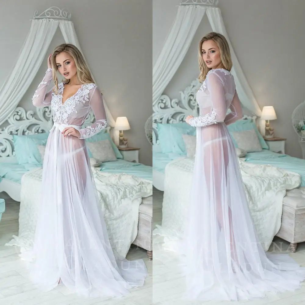 White Lace V Neck See Through Women Night Robes Custom Made Long Sleeves Lace Chiffon Nightgowns Robes Women Sleepwear