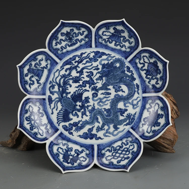 

Yongzheng Blue And White Dragon Phoenix Pattern Lotus Plate Antique Collection Decoration Antique Porcelain