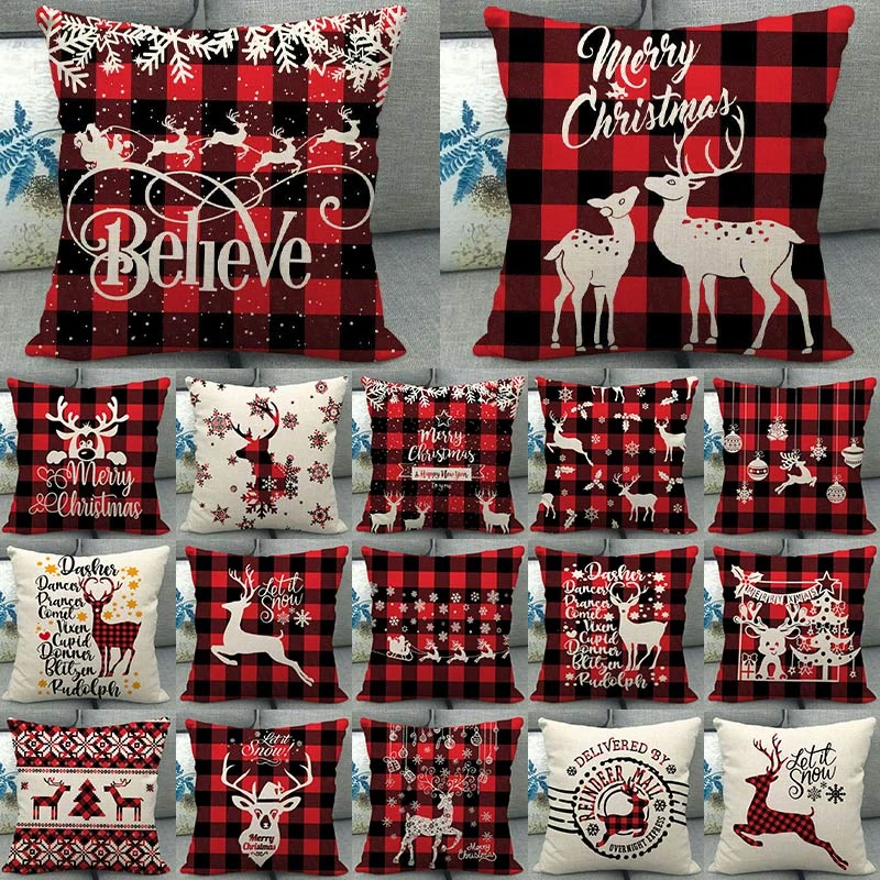 1Pcs Christmas Deer Black Red Plaid Pattern Cotton Linen Throw Cushion Cover Car Home Sofa Bed Decorative Soft Pillowcase 40673