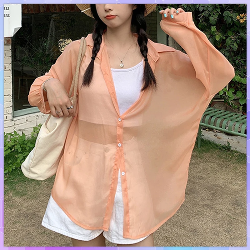 Sexy Women's Chiffon Tee Shirt Solid White Pearlescent Sunscreen T-shirts 2021 Summer Thin See-through Tunic Ladies Loose Top