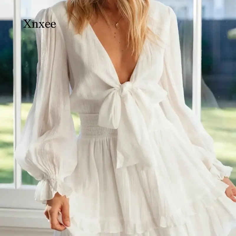 

White bowknot ruffle beach autumn winter dress lantern sleeve chic short mini dress v neck lace up 2020 sheer dress vestidos