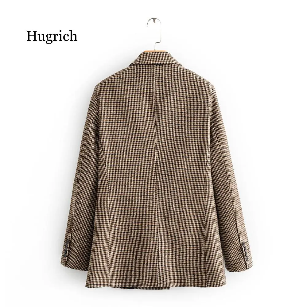 Women Stick Winter Double Breasted Suit Jacket Office Ladies Vintage Plaid Blazer Pockets Work Wear Tops