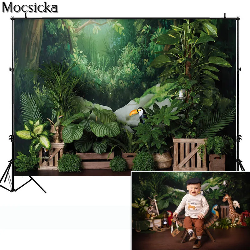 ป่าป่าซาฟารีถ่ายภาพพื้นหลังเด็ก Party Decor พืชสีเขียวสัตว์ป่าเด็กเค้ก Smash ฉากหลัง Photo Studio