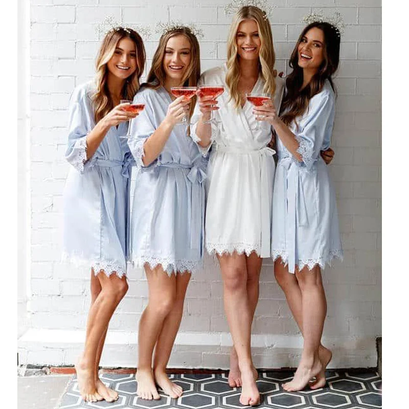 

Cute Light Blue Bridesmaid Robes Lace Appliques Short Women Night Sleepwear Ladies Bathrobe Sheer Nightgown Robe