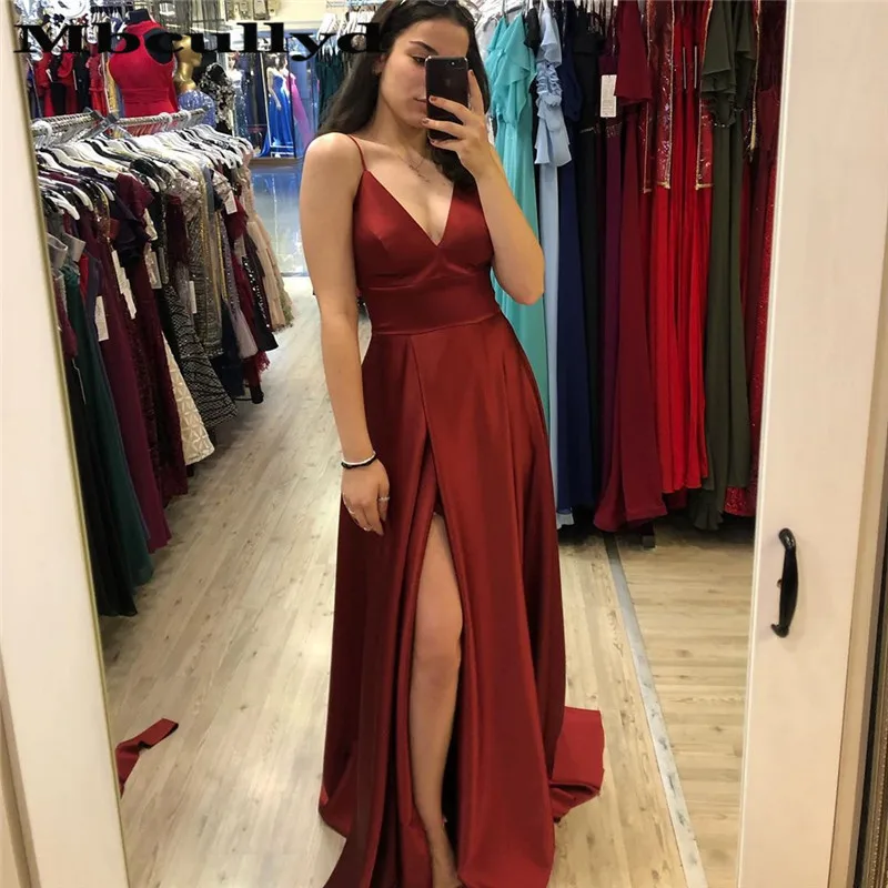 

Mbcullyd Sexy V-neck Burgundy Prom Dresses Long 2023 With High Split Formal Evening Dress Party Cheap Under 100 robe de soiree