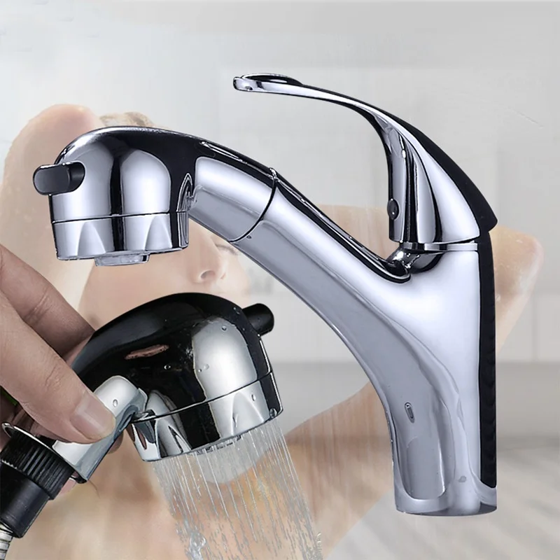 

The New Pull-out Hot and Cold Water Basin Faucet Copper Alloy Electroplating Bathroom Retractable Shampoo Wash Basin Faucet