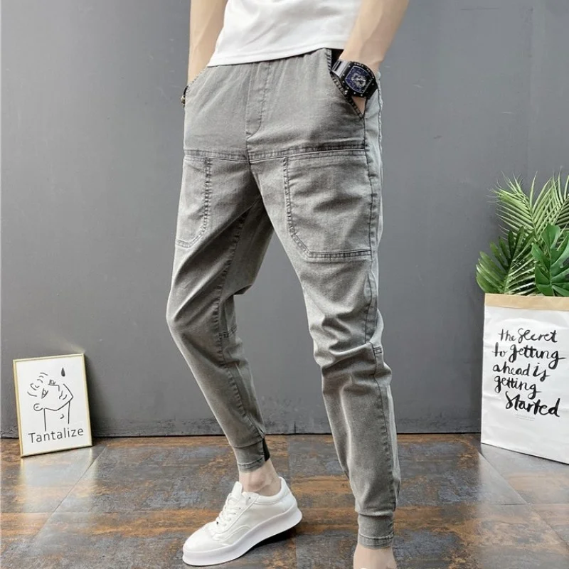 Summer New Men Solid Color Pencil Pants High Street Hip Hop Casual Jeans Black Gray Biker Stretch Ankle-Length Pants Plus Size