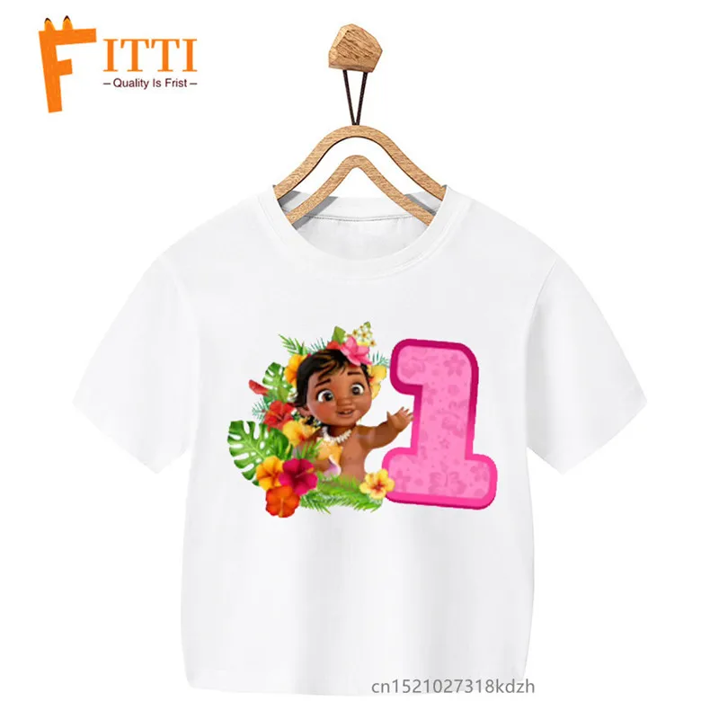 T-shirt blanc imprimé fleurs et nombres d\'anniversaire Moana pour filles, vêtements amusants Kawaii d\'été pour enfants, vêtements pour petits bébés,