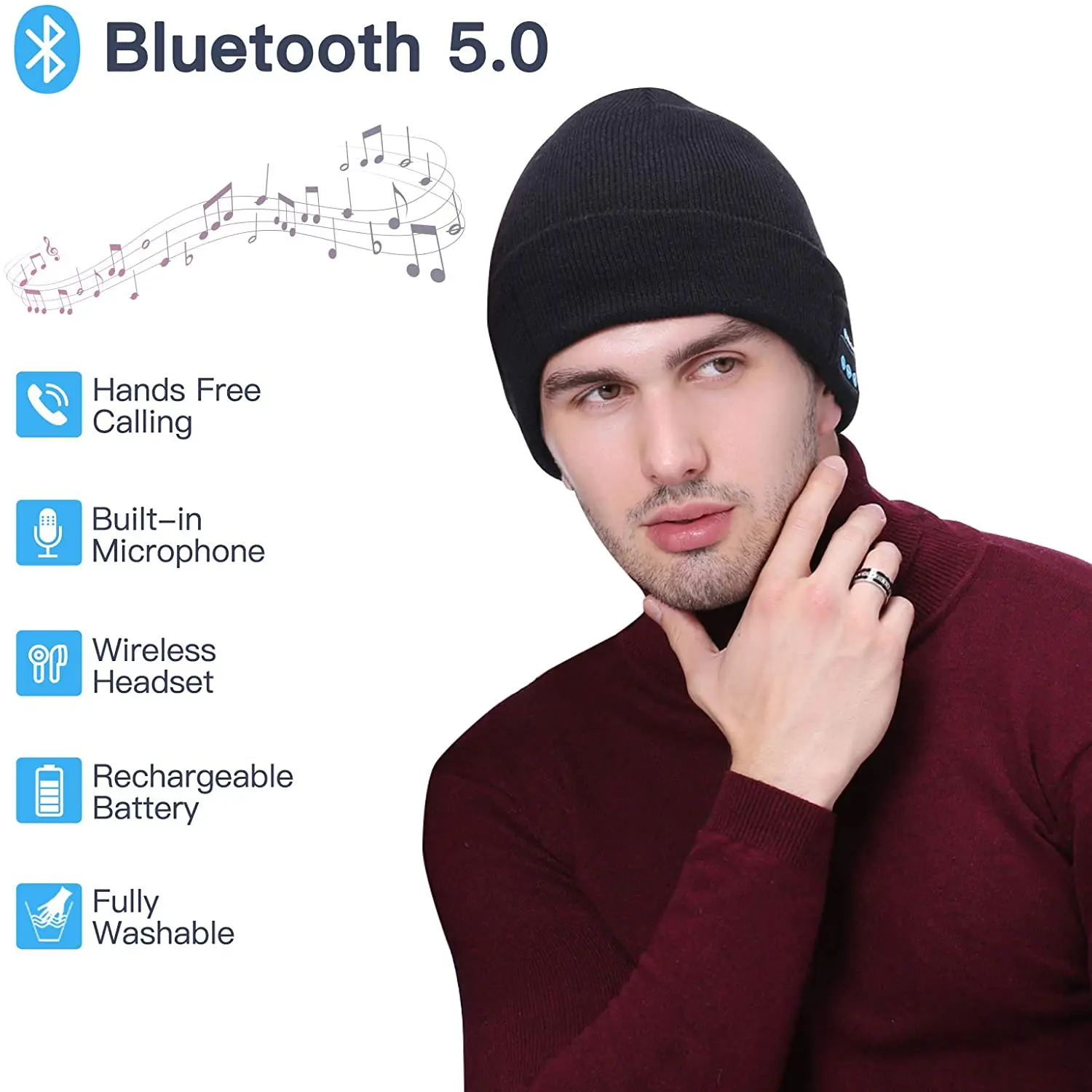 Men Women Bluetooth 5.0 Music Beanie Warm Soft Winter Knit Hat Cap with Built-in Mic Speaker Headphone for Christmas Gift