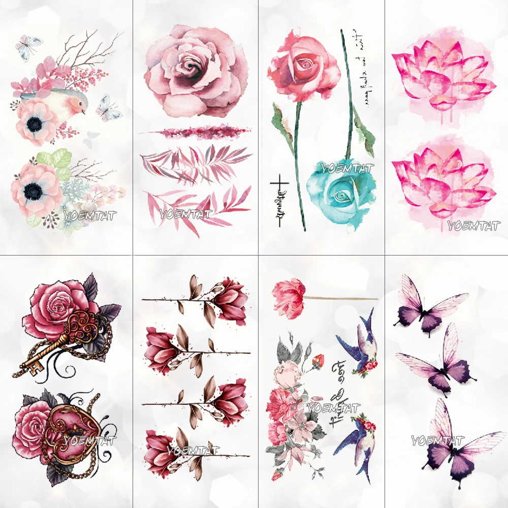 Waterproof Temporary Tattoo Sticker Lotus Colorful Feather Leaves Butterfly Flash Tatoo Female 3D Body Art Child Fake Tatto Male