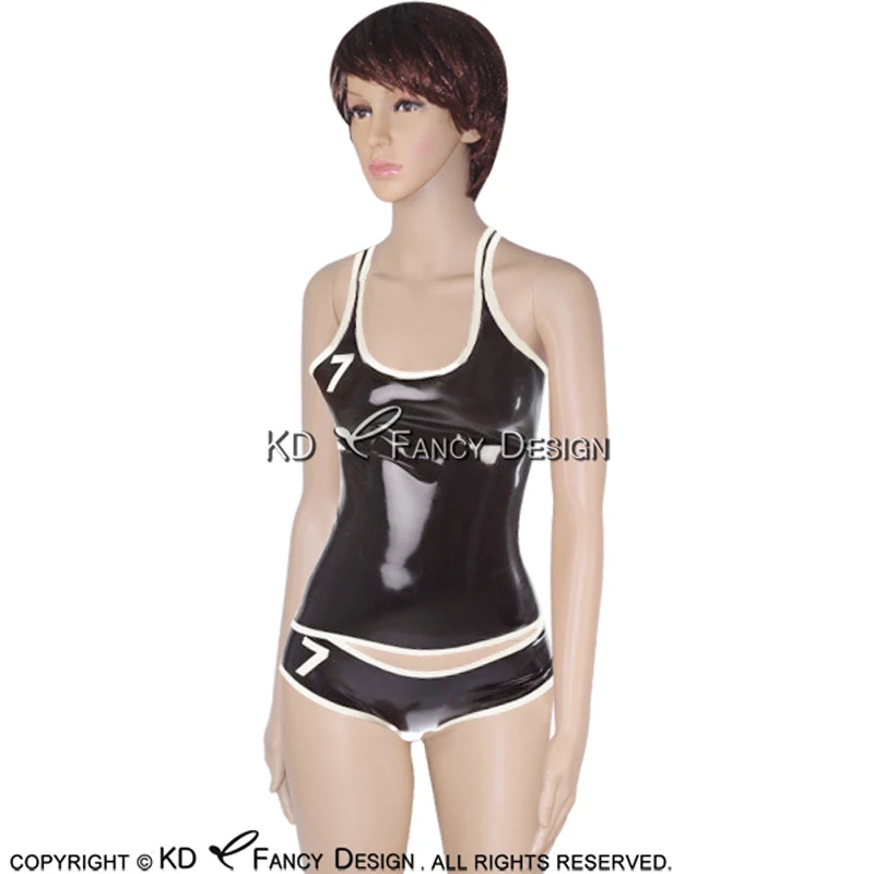 

Black And White Trims Sexy Latex Shirt Top Underwear Rubber Clothes Clothing Briefs Plus Size YF-0049