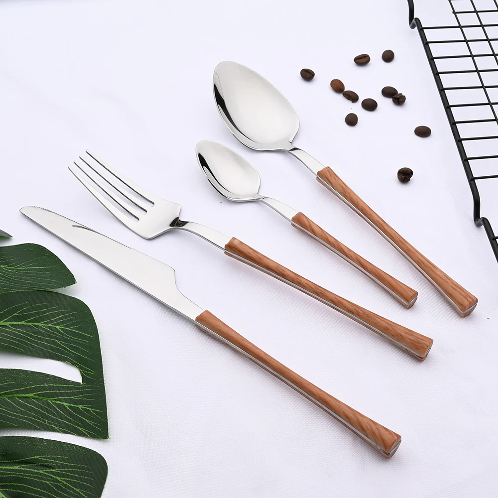 Dinner Silver Stainless Steel Imitation Wooden Handle Dinnerware Knife Coffee Spoon Tea Fork Cutlery Set Tableware Flatware