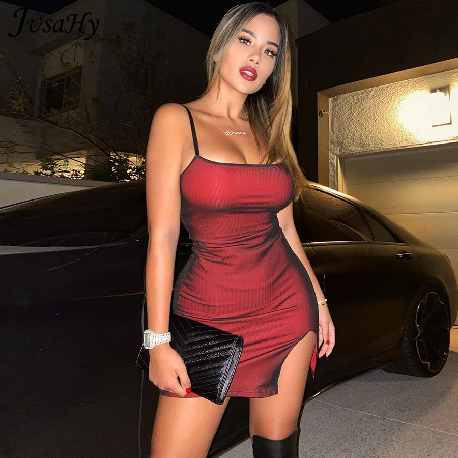 JusaHy Y2K Sexy Slim Bodycon Split Dresses Women's Banquet Solid Sleeveless 2021Summer Skinny Sling Street Party Club Dress Hot