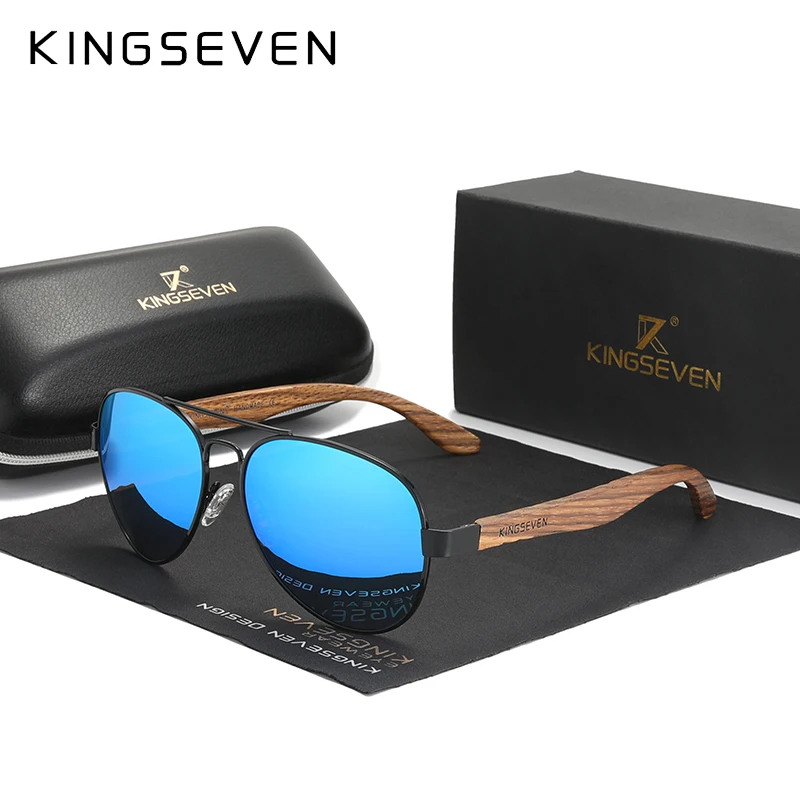 KINGSEVEN 2024 Neue handgefertigte Holzsonnenbrille, polarisierte Herrenbrille, UV400-Schutz, Spiegelbrille, Holzbügel, Oculos Z5518