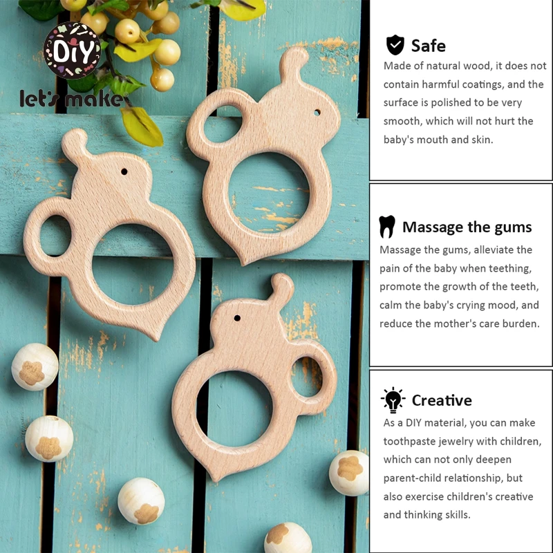 Let\'s Make Baby Teether Wooden Rodent Bunny Ear 1pc Bee BPA Free Animal Beech Pendant For Pacifier Baby Products For Newborns