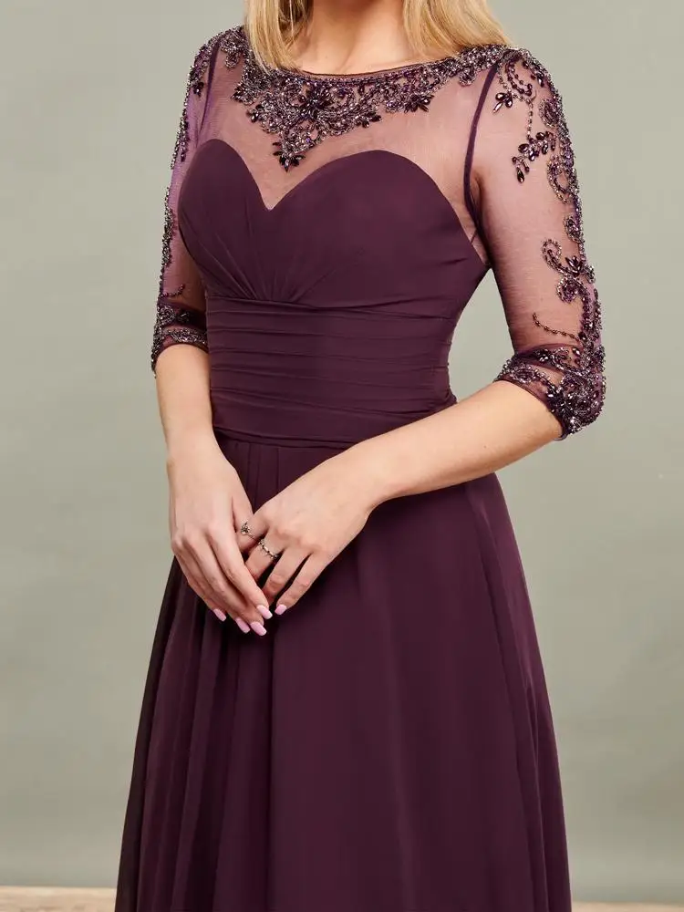 Dark Grape-vestidos de gasa para madre de la novia, vestidos transparentes con mangas con lentejuelas y abalorios, vestido de fiesta, bata de boda